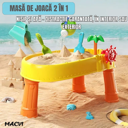 Masa de apa 2 in 1 Macvi® pentru copii, cu 8 accesorii interactive, multicolor, recomandata 3 ani+