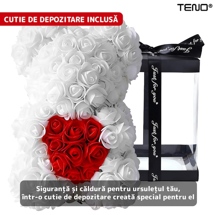 Ursulet din Trandafiri de Spuma Teno®, floral alb cu burtica rosie, handmade, cutie transparenta, 25 cm