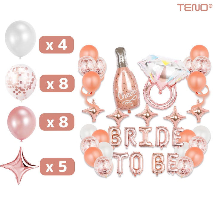 Set 36 Baloane Teno®, Litere, pentru Petreceri/Aniversari/Evenimente, sticla de sampanie, inel de logodna, mai multe dimensiuni, metalizate, folie, model BRIDE TO BE, rose gold