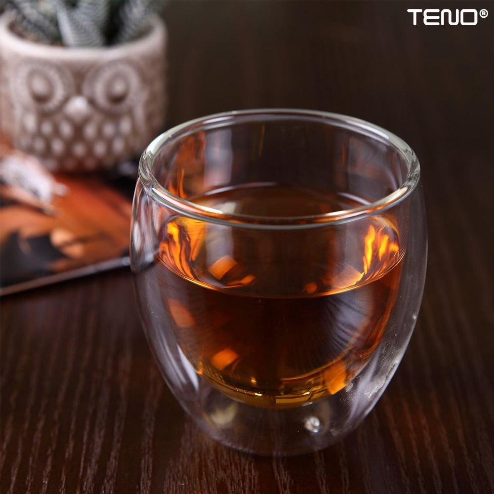 Set 4 Pahare din Sticla cu Perete Dublu Teno®, termorezistente, design modern, capacitate 250 ml, 9 x 8 cm