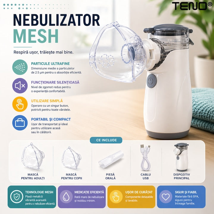 Nebulizator pentru copii Teno, particule ultrafine 2.5mm, silentios 30dB, USB, set cu masca adulti si copii