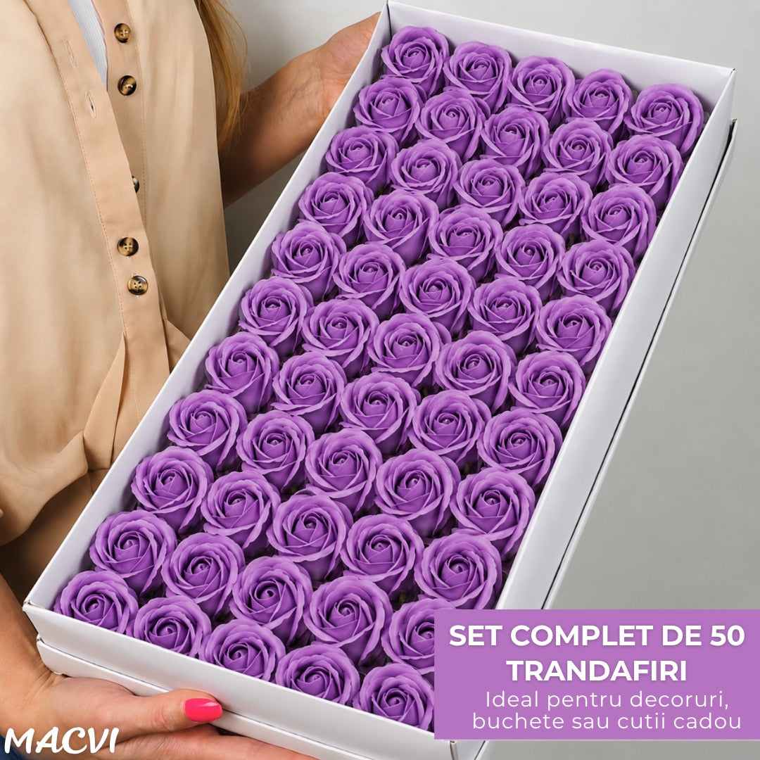 Set 50 trandafiri din sapun, 5x5 cm, calitate premium, decor si cadou elegant, Mov lavanda