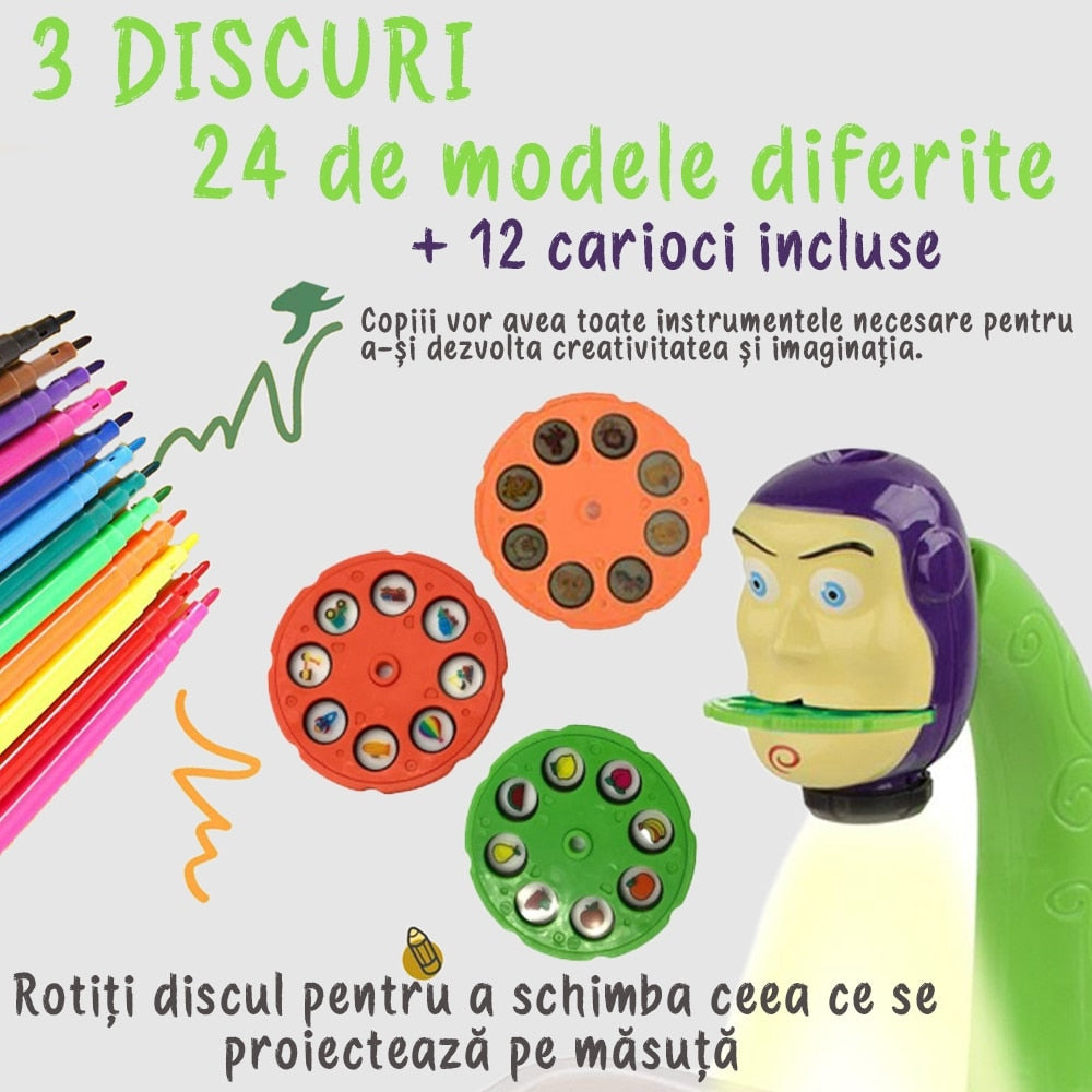 Jucarie educationala Macvi® tip tabla cu proiector, hologram, 3 discuri, 24 sabloane, 12 carioci, masa de desen Toy Story, verde