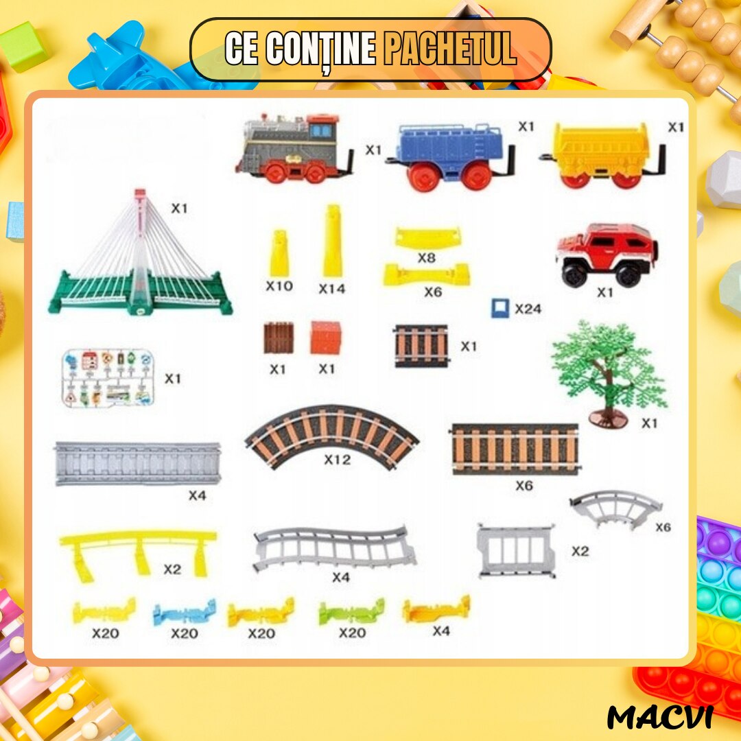Circuit 2 in 1 XXL Macvi® 140 Piese, 86x74 cm, cu Trenulet Electric si Masinuta, Pod cu Lumini, Pista Rapid Transit de Mare Viteza, Multicolor