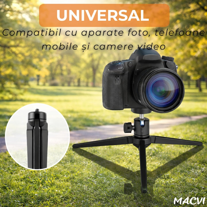 Mini Trepied pentru Telefon, Aparate Foto si Video Macvi® cu Lampi Circulare, Portabil, Pliabil, Ergonomic, Negru