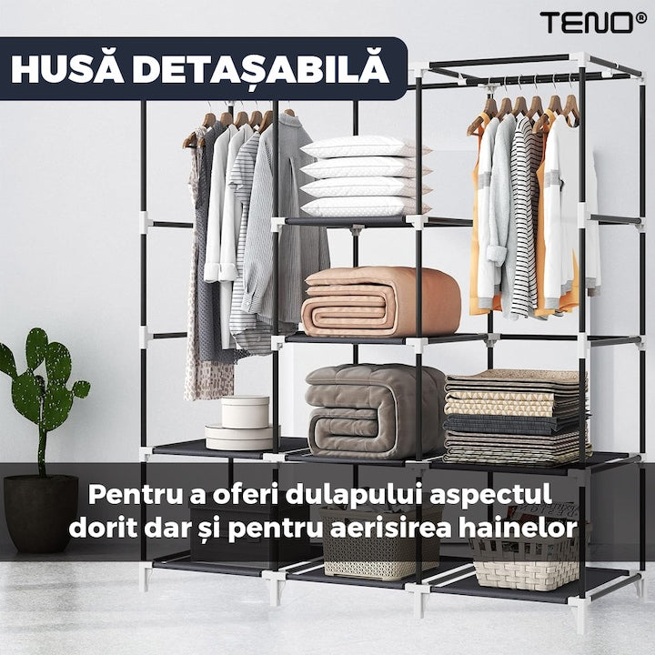 Dulap din Material Textil pentru Haine si Incaltaminte Teno®, impermeabil, 8 rafturi, inchidere fermoar, suport umerase, cadru otel, 170 cm, albastru
