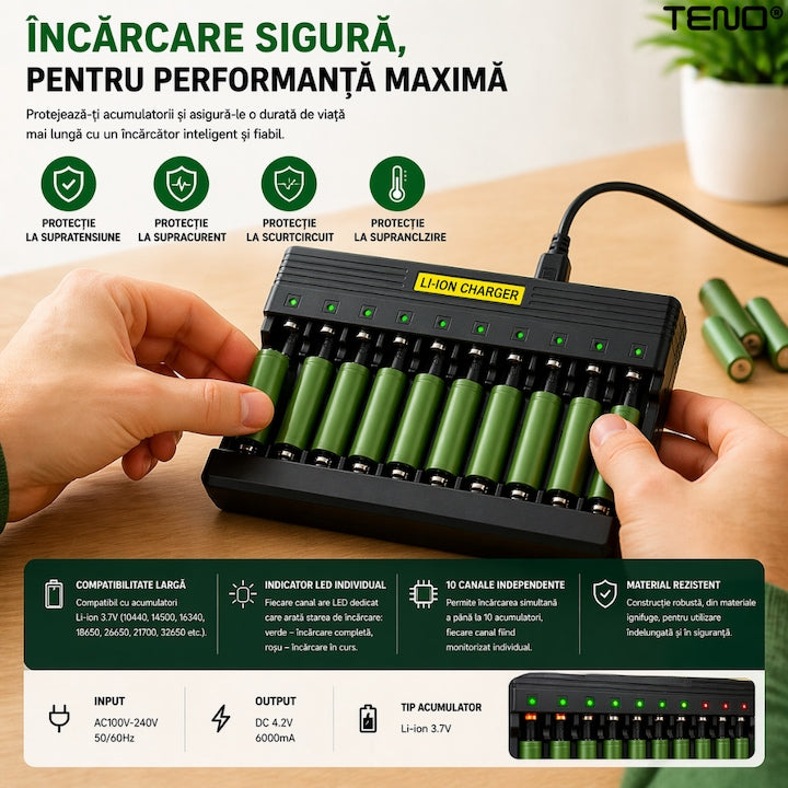 Incarcator inteligent baterii Li-Ion Teno®, 10 sloturi independente, LED individual, protectie completa, compatibil universal 3.7V