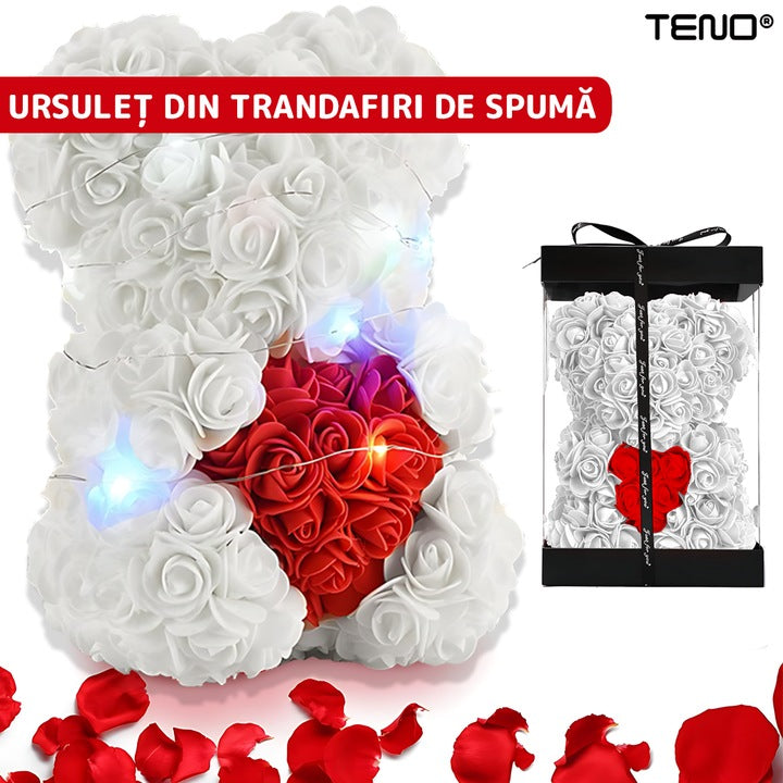 Ursulet din Trandafiri de Spuma Teno®, floral alb cu burtica rosie, handmade, cutie transparenta, 25 cm