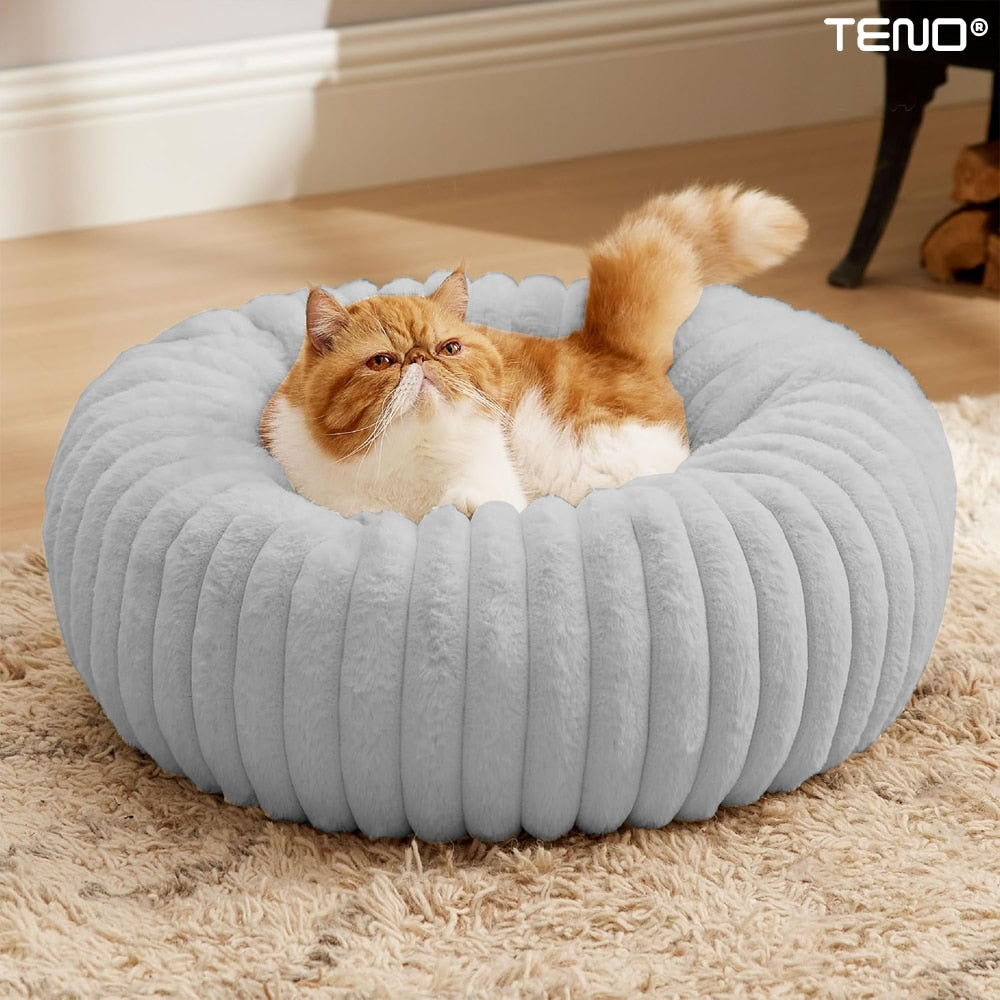 Pat Animale Teno®, captusit, moale, pufos si calduros, pentru caini si pisici, diametru 60 cm, baza anti-alunecare, design dungat, gri