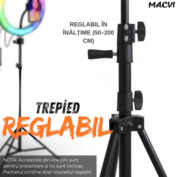 Trepied reglabil 2m Macvi® pentru camera foto, video, telefon si lampa circulara, suport profesional din aluminiu, prindere 1/4", ideal pentru vlogging, fotografie si live streaming
