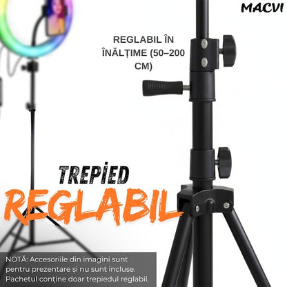 Trepied reglabil 2m Macvi® pentru camera foto, video, telefon si lampa circulara, suport profesional din aluminiu, prindere 1/4", ideal pentru vlogging, fotografie si live streaming
