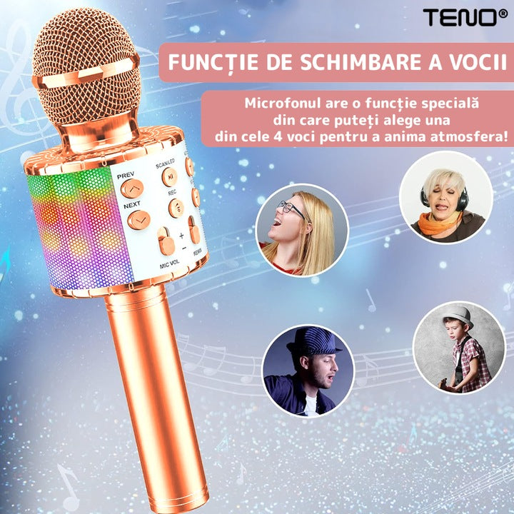 Microfon Karaoke Multifunctional pentru Copii, Teno®, boxa integrada, mod schimbare voce, stereo, slot card memorie/aux, lumini, rose gold