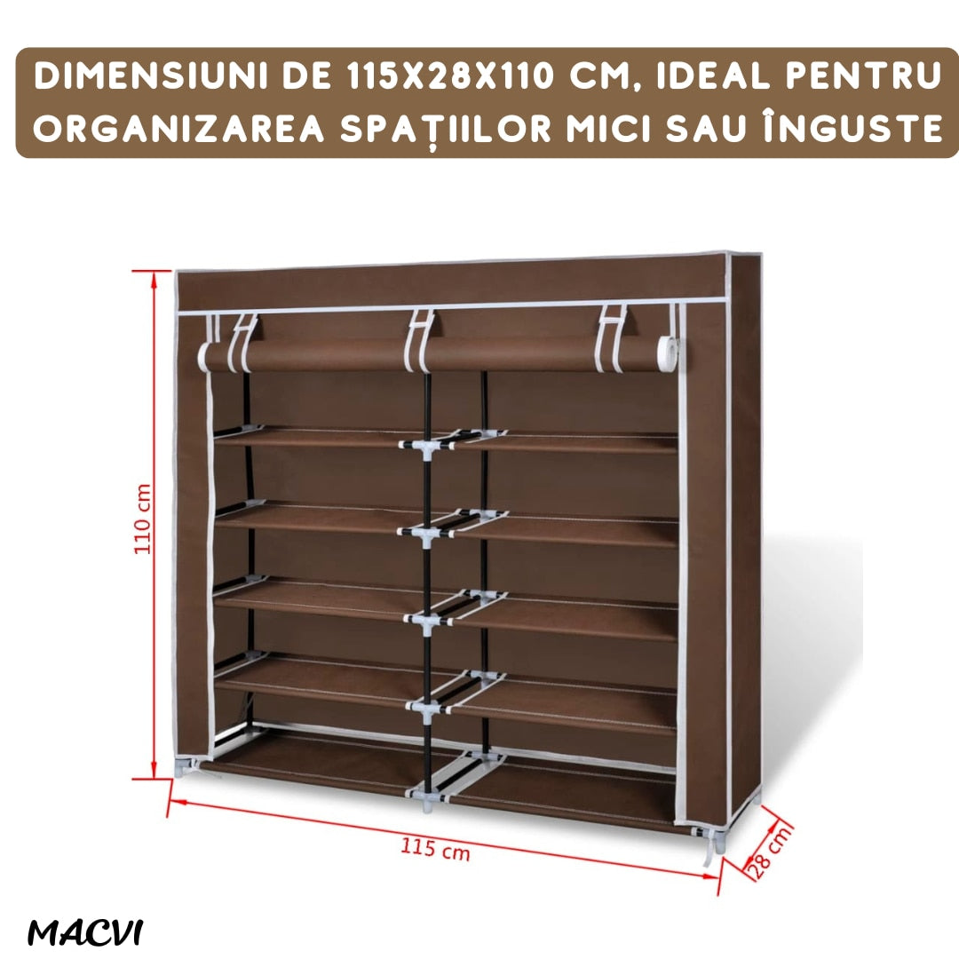 Dulap Pantofi Macvi®, Pantofar din Material Textil cu Capac, Maro, 115x28x110 cm