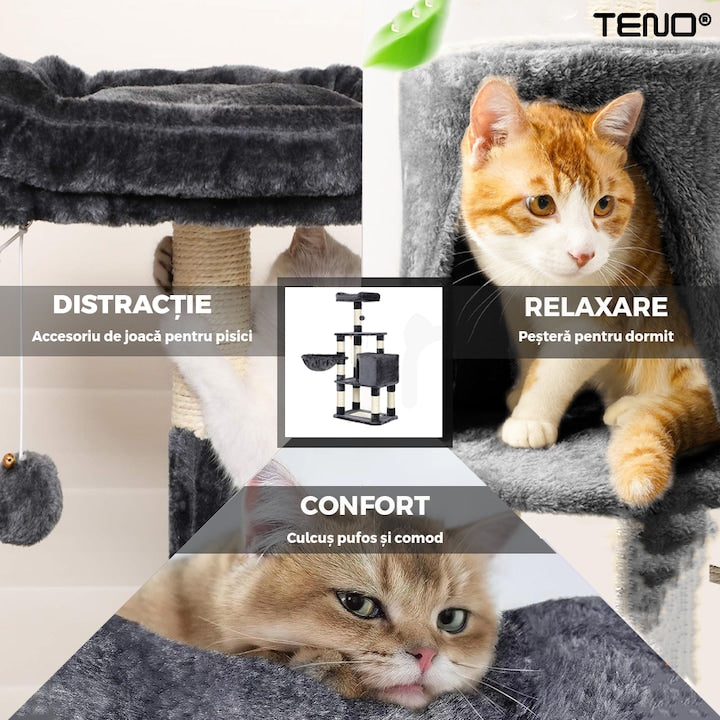 Ansamblu de Joaca pentru Pisici Teno®, tip turn, 2 platforme de observatie, 4 niveluri, 1 casuta, hamac, franghie si mingiuta de joaca, stalpi pentru zgariat, captuseala extra moale, structura stabila, 136 cm, gri inchis
