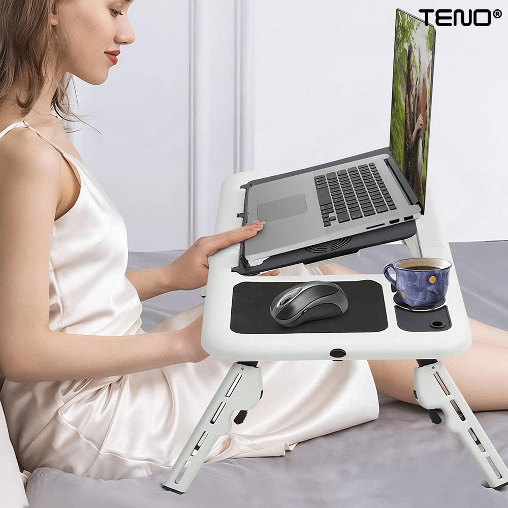Masuta Universala Teno®, pliabila, pentru laptop/tableta/ mic dejun la pat, sistem cu fante de racire, suport pentru pahar, unghi reglabil, usor de depozitat, alb/negru