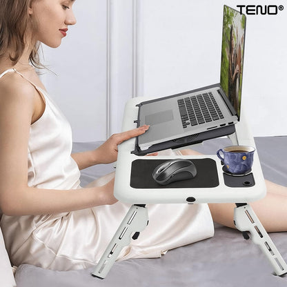 Masuta Universala Teno®, pliabila, pentru laptop/tableta/ mic dejun la pat, sistem cu fante de racire, suport pentru pahar, unghi reglabil, usor de depozitat, alb/negru