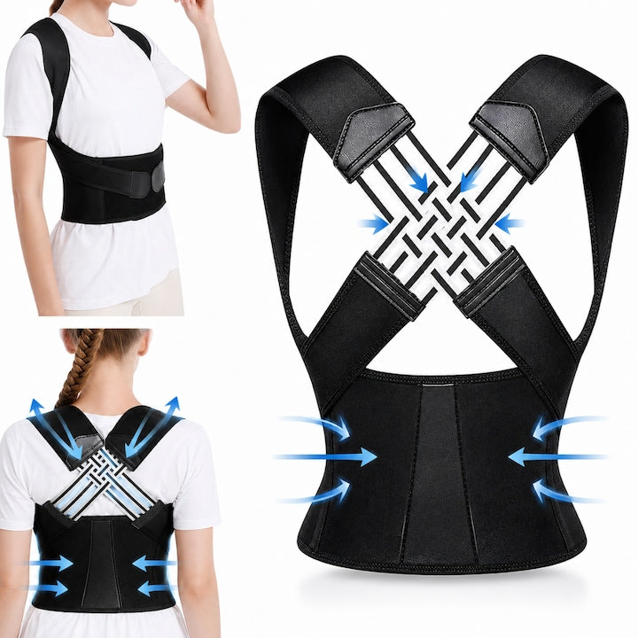 Corector Postura Macvi® 2 in 1 pentru Spate si Coloana, Centura Reglabila cu Bretele, Sustinere Lombara si Umeri, Reduce Disconfortul la Gat si Spate, Material Respirabil, Unisex, Negru, Marimea L