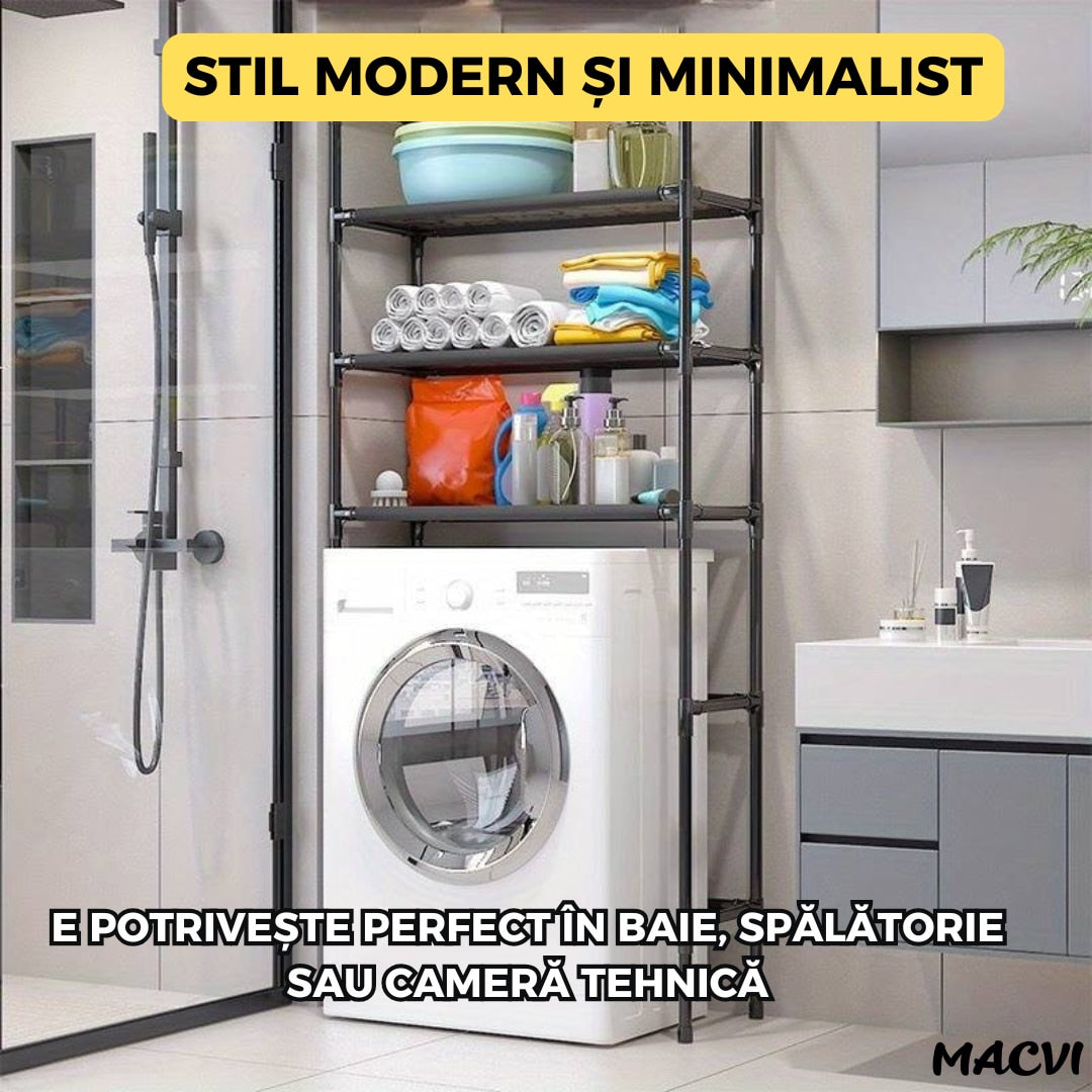 Raft modular Macvi® cu 3 polite pentru deasupra masinii de spalat, 63.5 x 30 x 154 cm, suport depozitare spatiu redus, Alb