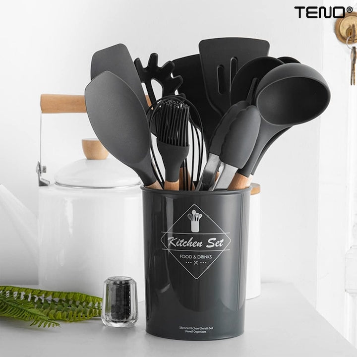 Set Ustensile Bucatarie 12 Piese Silicon Alimentar Teno®, termorezistente, antiaderente, sigure, suport inclus, negru
