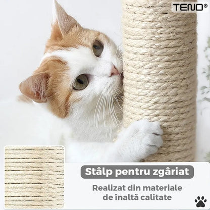 Ansamblu de Joaca pentru Pisici Teno®, tip turn,1 platforma de observatie, 4 niveluri, 1 casuta, scara, hamac, franghie si mingiuta de joaca, stalpi pentru zgariat, captuseala extra moale, structura stabila, 164 cm, gri deschis
