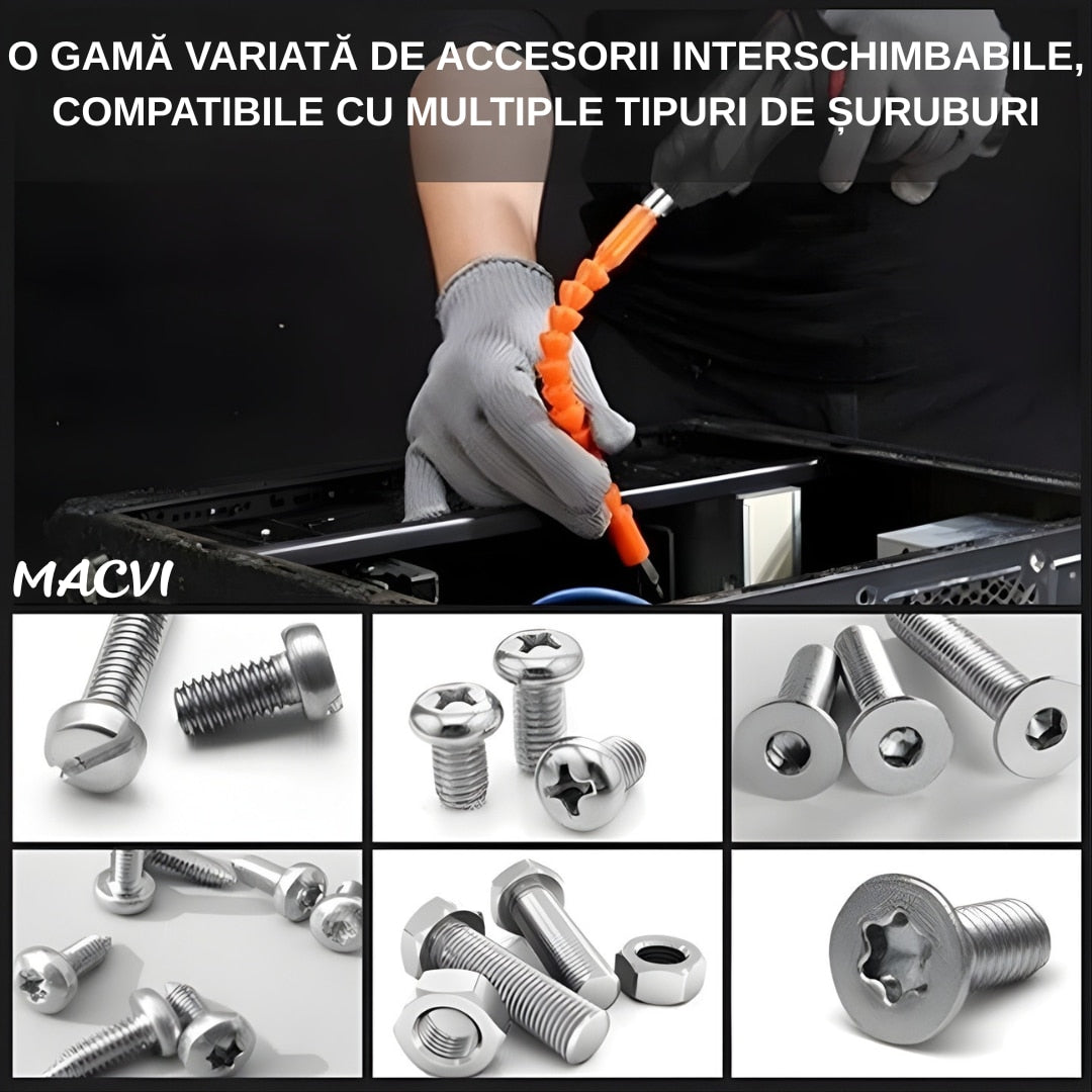Surubelnita Electrica Portabila Macvi®, 47 Piese Acumulator Reincarcabil Maner Rotativ 90-180° Set Biti si Capete Tubulare Trusa Transport Negru