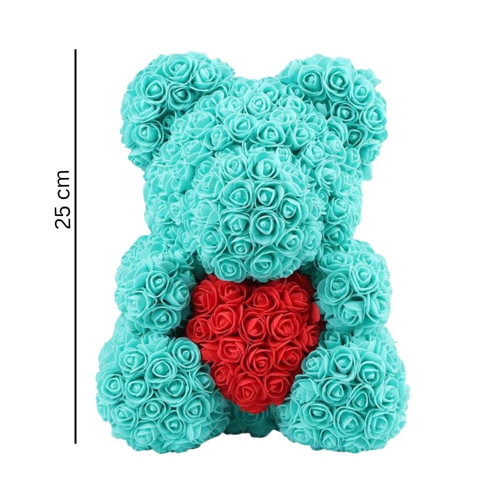 Ursulet din Trandafiri Macvi® Turcoaz 25 cm Cutie Decorativa Inclusa Cadou Romantic