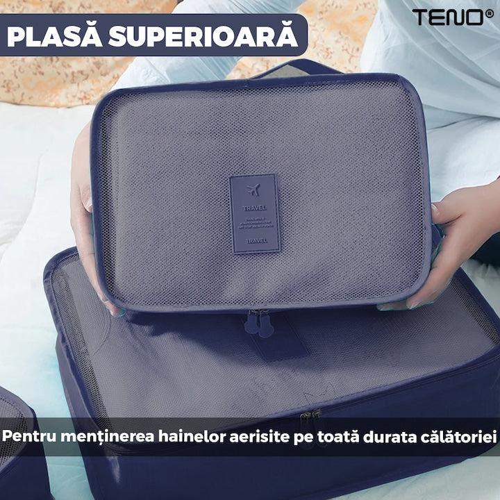 Set 6 Organizatoare Teno®, pentru calatorie, diferite marimi, bagaj de voiaj, valiza, troler, genti, haine, accesorii, inchidere cu fermoar dublu, plasa, albastru inchis