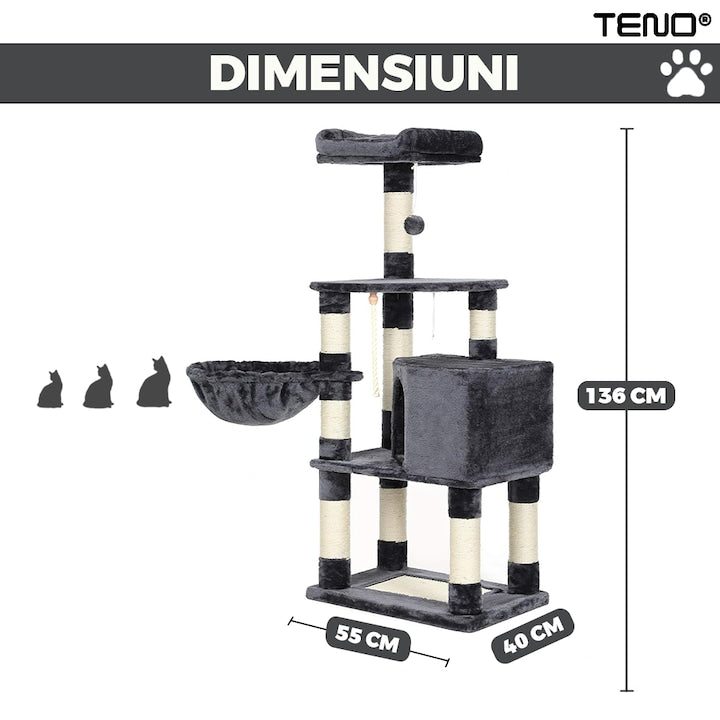 Ansamblu de Joaca pentru Pisici Teno®, tip turn, 2 platforme de observatie, 4 niveluri, 1 casuta, hamac, franghie si mingiuta de joaca, stalpi pentru zgariat, captuseala extra moale, structura stabila, 136 cm, gri inchis