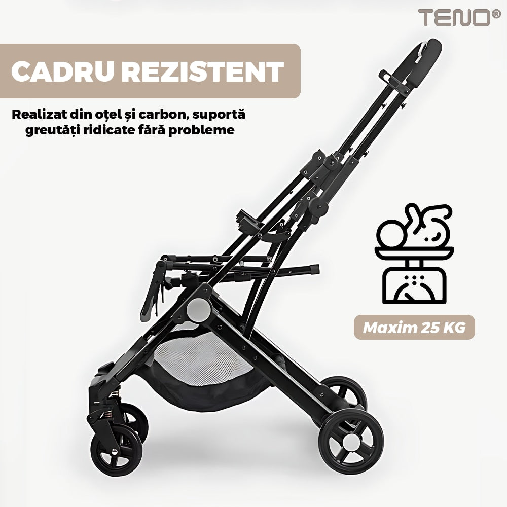Carucior Sport pentru Bebelusi Teno®, pliabil, usor de carat, sezut reglabil, spatios, cosulet dorsal, copertina retractabila, greutate maxima suportata 25 kg, bej
