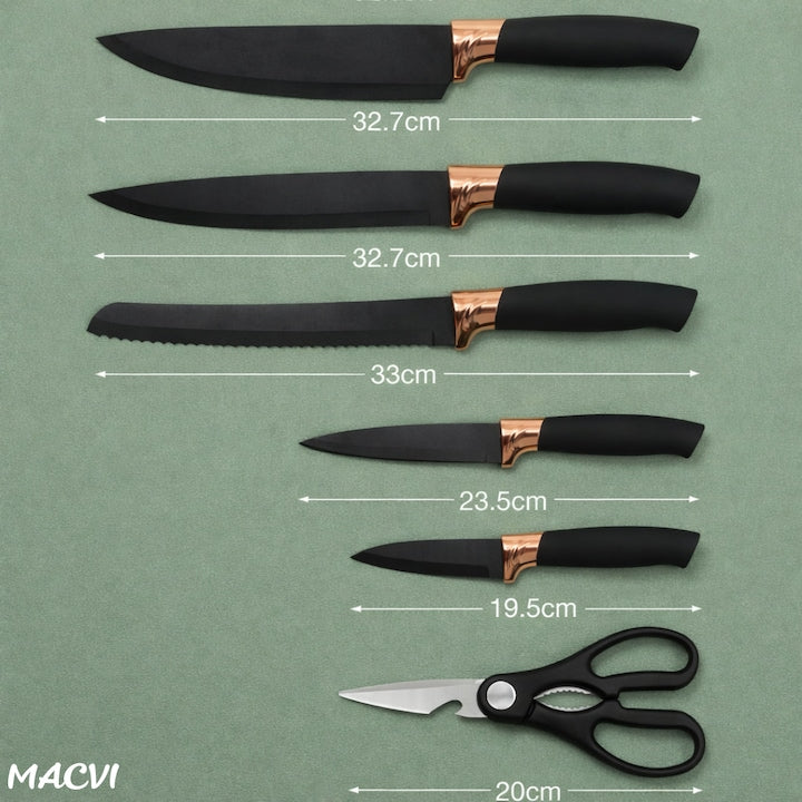 Set 20 Piese Utensile de Bucatarie si Cutite cu Suport Macvi®, Taietor, Ustensile de Silicona, Cutite, Tablita de Taiat si Accesorii pentru Gatit