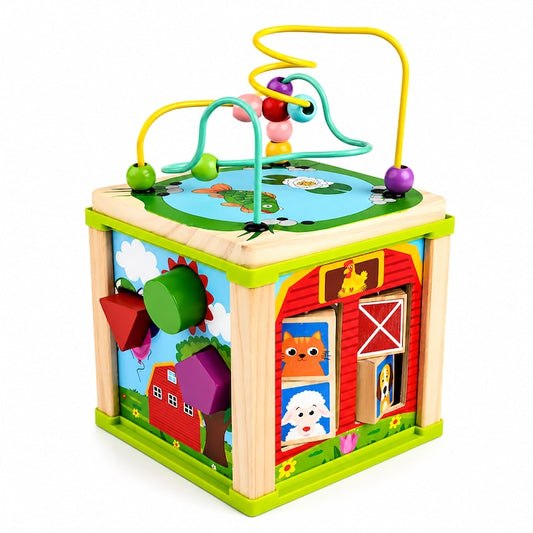 Cub Montessori Teno®, din lemn, educativ, joc cu legume, joc cu labirint, joc de animale, sortator forme, dezvolta abilitatile cognitive, senzoriale, coordonare mana-ochi, multicolor