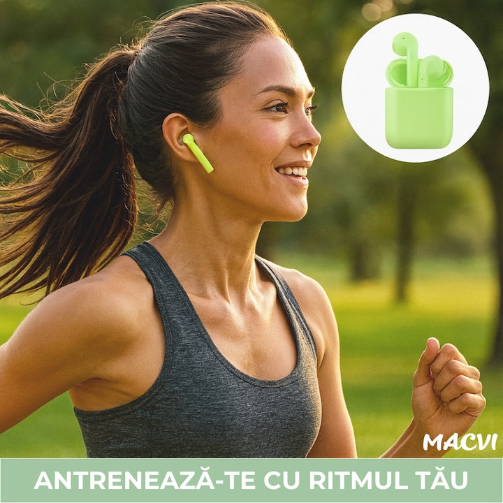 Casti wireless Macvi® Freepods i18, Bluetooth 5.0, Touch Control, HiFi Sound, verde