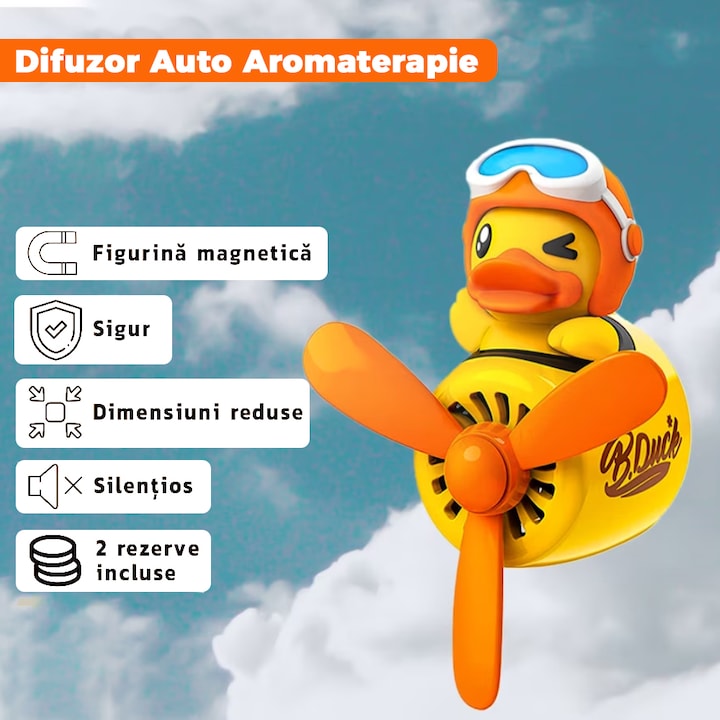Difuzor Auto Aromaterapie Teno® car pilot yellow duck, kit odorizant, 2 arome cu extracte naturale incluse