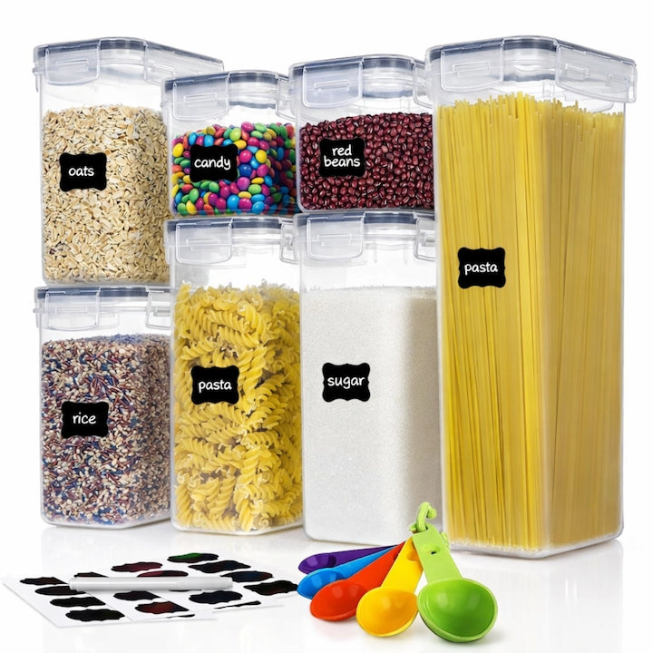 Set 7 organizatoare/recipiente Macvi® pentru depozitare alimente, etichete incluse, organizare bucatarie, capac etans, plastic fara BPA