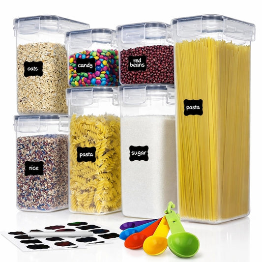Set 7 organizatoare/recipiente Macvi® pentru depozitare alimente, etichete incluse, organizare bucatarie, capac etans, plastic fara BPA