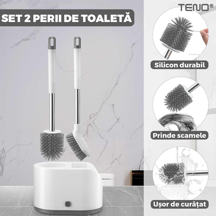 Set 2 Perii pentru Toaleta Teno ®, din silicon, perie zimtata, cap flexibil, suport adeziv pentru montarea pe perete, curata orice tip de suprafata, alb/gri