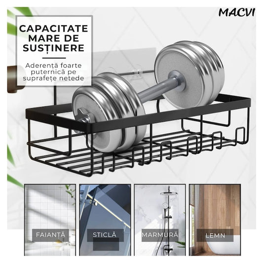 Organizator de dus Macvi® din otel inoxidabil, montare adeziva fara gaurire, capacitate mare, rezistent la rugina, negru
