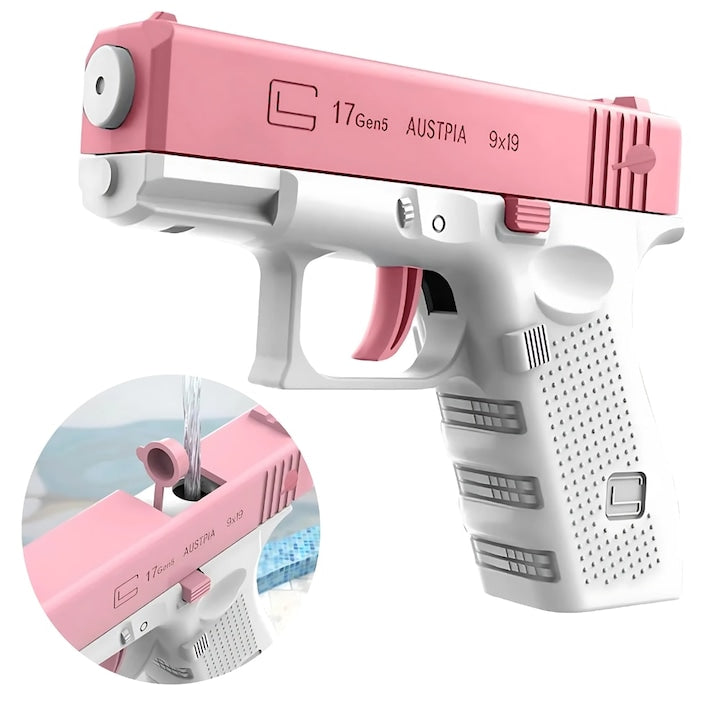 Pistol cu apa copii Macvi®, alb cu roz, actionare manuala, jucarie vara exterior, dezvoltare dexteritate, 11.5 x 10 x 2.5 cm