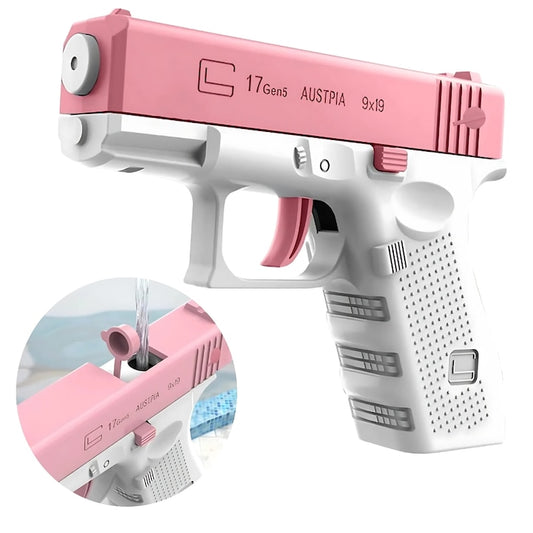 Pistol cu apa copii Macvi®, alb cu roz, actionare manuala, jucarie vara exterior, dezvoltare dexteritate, 11.5 x 10 x 2.5 cm