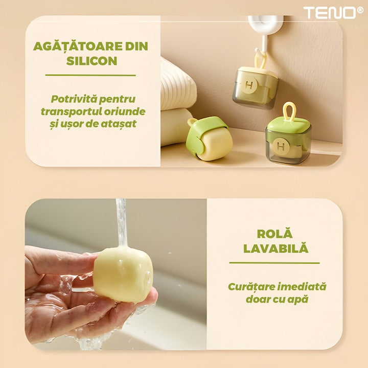 Mini Rola Scame Teno®, reutilizabila prin spalare, silicon lavabil, indepartare scame/par animale/praf, pentru mobilier/haine, compacta, 4.5 x 4.5 cm, verde/crem