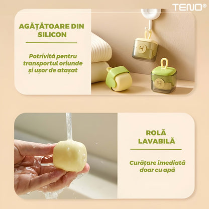 Mini Rola Scame Teno®, reutilizabila prin spalare, silicon lavabil, indepartare scame/par animale/praf, pentru mobilier/haine, compacta, 4.5 x 4.5 cm, verde/crem