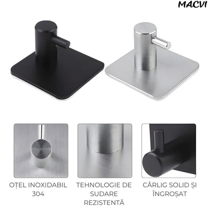 Set 4 cuiere de perete Macvi® din otel inoxidabil, montaj fara gaurire, 2 negre + 2 argintii, rezistente la umiditate, pentru baie si hol