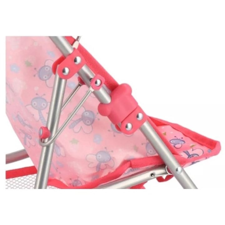 Carucior pliabil pentru papusi Macvi®, cadru metalic rezistent, 4 roti stabile, maner reglabil, cos de depozitare, design realist, roz