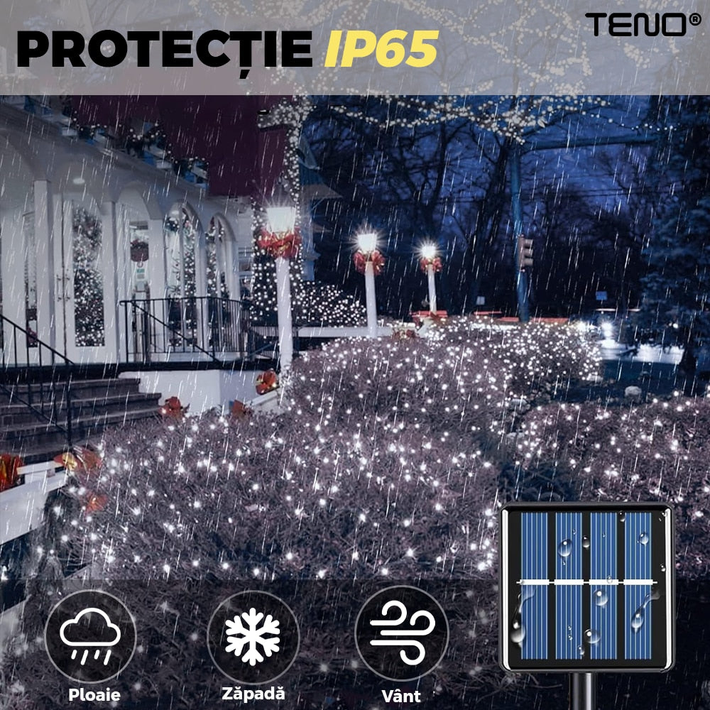 Instalatie de Craciun Liniara cu Panou Solar Teno®, 10 m, 8 jocuri de lumini, alimentare la priza, fir verde, interior/exterior, rezistenta la apa, 100 LED-uri, alb rece