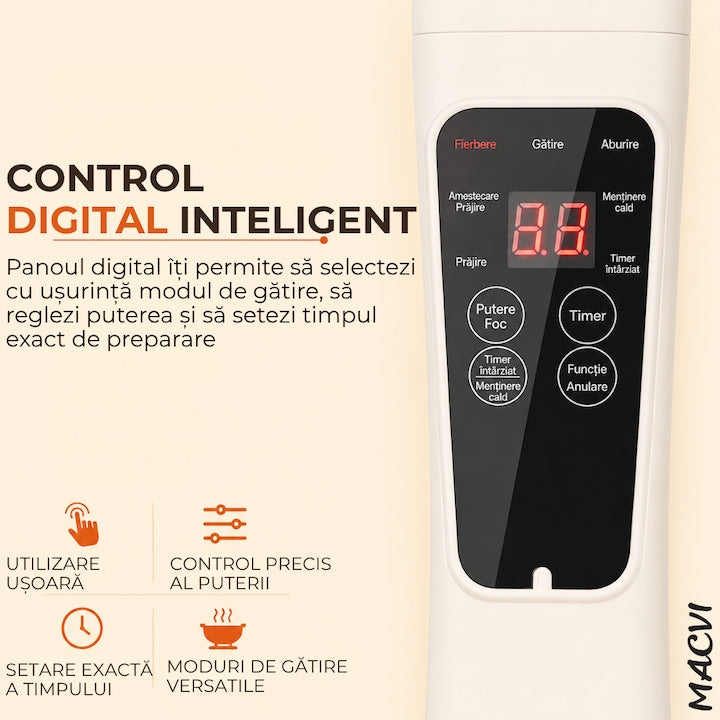 Tigaie Electrica Inteligenta Macvi® 3L, 1000W, Panou Digital Tactil, Diametru 24 cm, Strat Ceramic Antiaderent, 4 Functii de Gatire, Alb