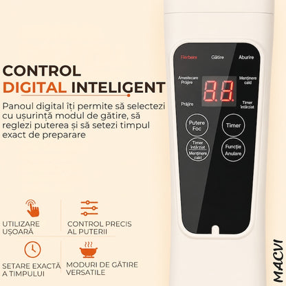 Tigaie Electrica Inteligenta Macvi® 3L, 1000W, Panou Digital Tactil, Diametru 24 cm, 4 Functii de Gatire, Alb