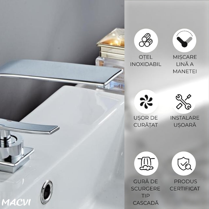 Robinet baie Macvi® tip cascada din alama inaltime 13 cm conexiune 3/8 montaj chiuveta design modern, argintiu