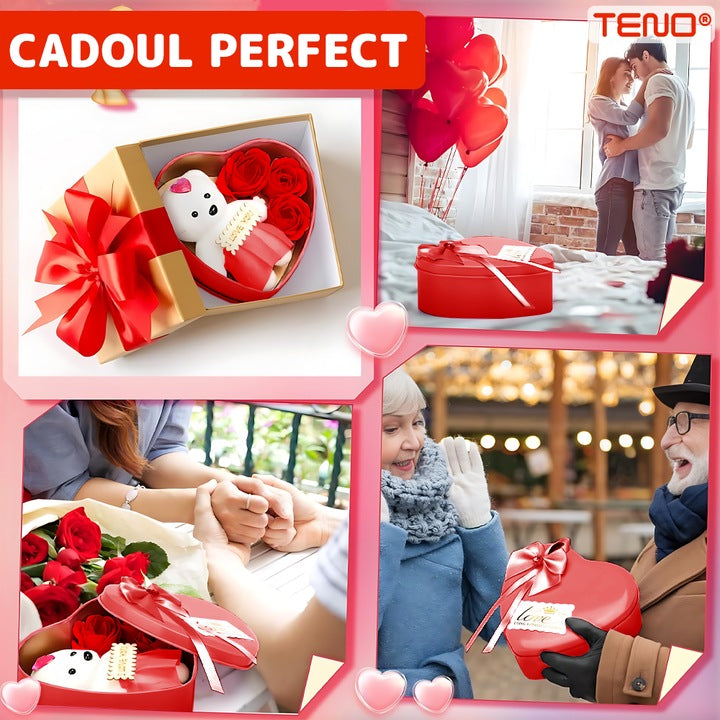 Ursulet cu Trandafiri din Sapun Parfumati Teno®, cutie in forma de inimioara, mesaj pe tablita din lemn ”I LOVE YOU”, 3 trandafiri, fustita si cristal, rosu