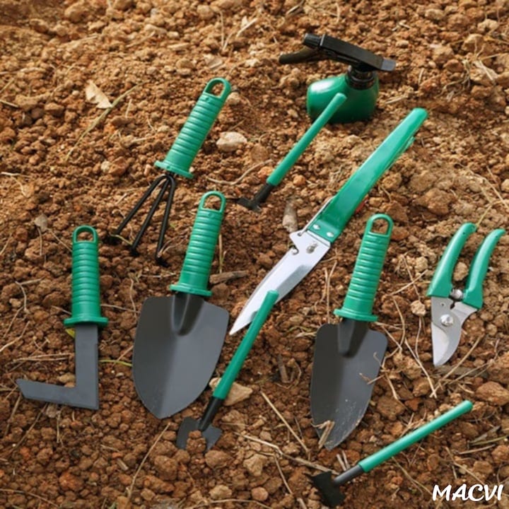 Set accesorii gradinarit Macvi® 10 piese, unelte din inox si plastic, foarfeca, lopata, pulverizator, geanta inclusa