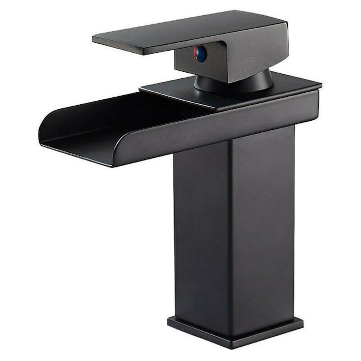 Baterie lavoar baie Macvi® tip cascada cromata din bronz inaltime 160 mm pipa 135 mm monocomanda, negru mat